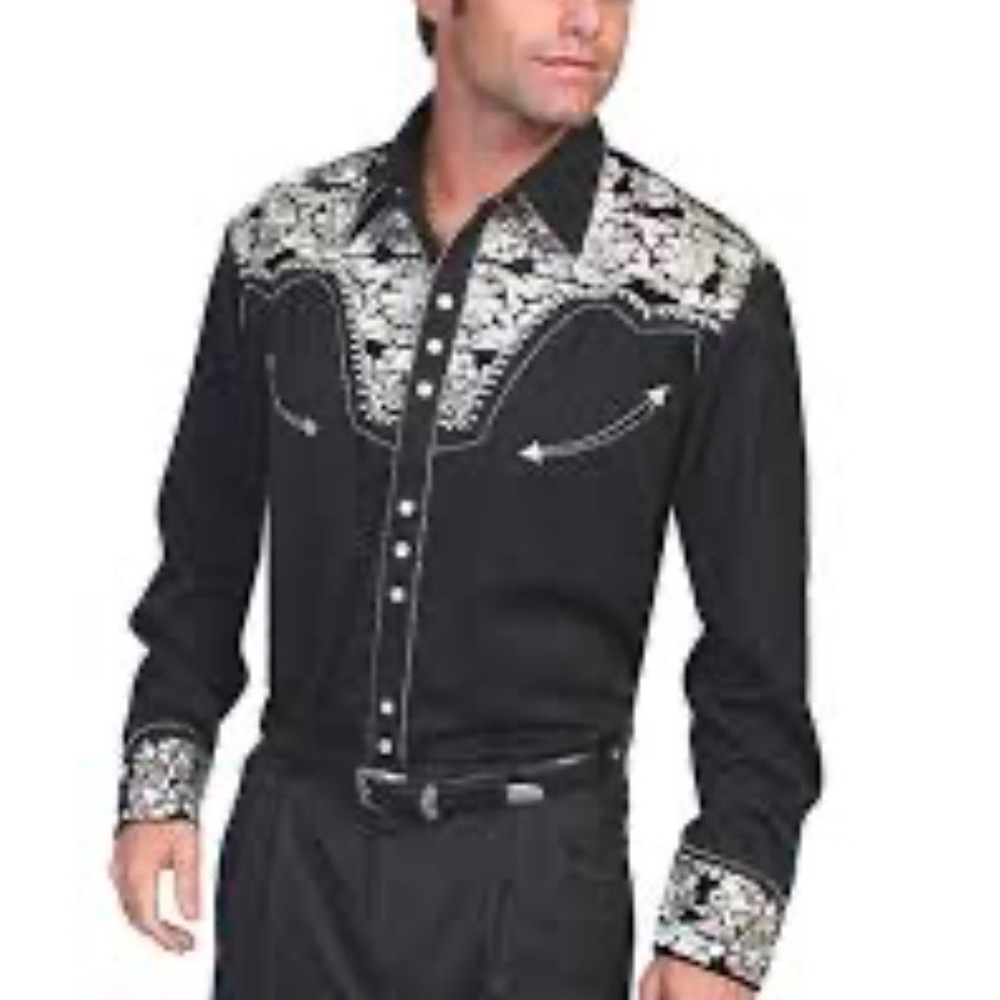 Scully P634 Mens XXL Black Floral Embroidered Pearl Snap Western Smile Shirt